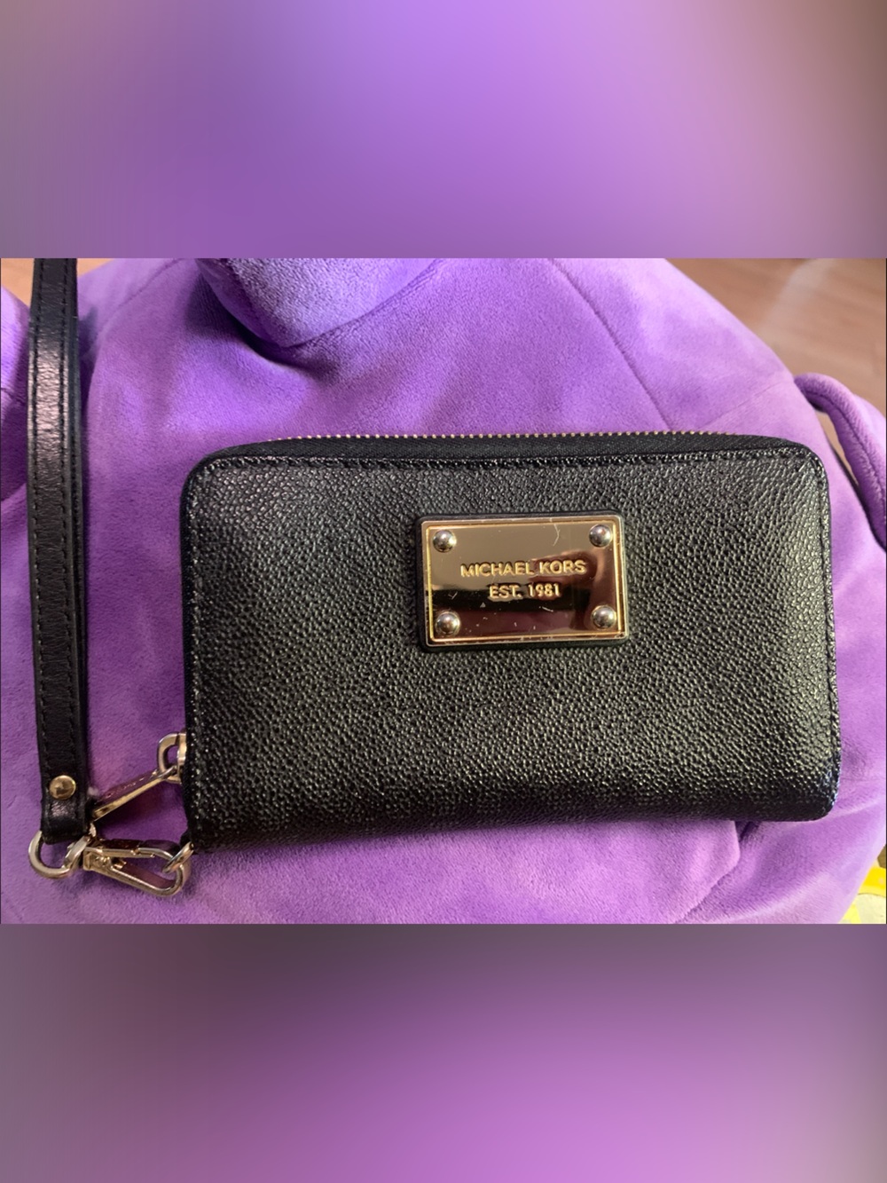 Michael Kors Black Pebbled Leather Wristlet with Gold Plate